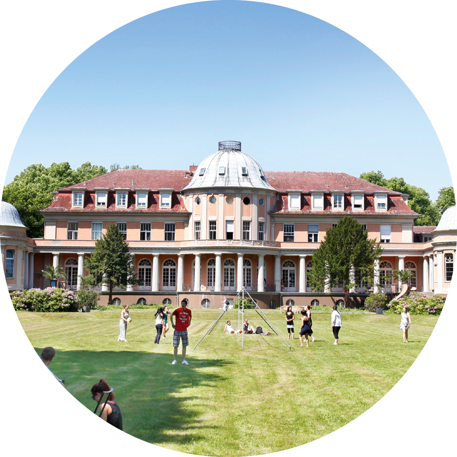 Studierende spielen und entspannen auf einer großen Rasenfläche vor einem historischen Hochschulgebäude.